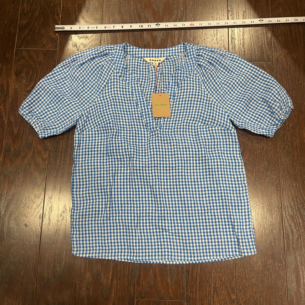 Boden Women Blue Brooke Linen Gingham Check Blouse Women Size 2 NEW